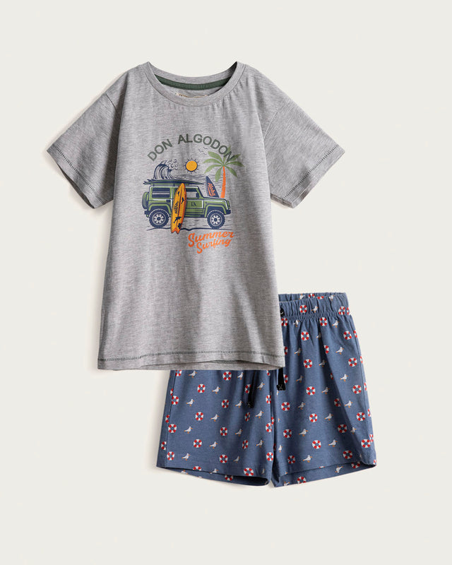 Pyjashort Enfant Garçon Bateau - Coton - Gris