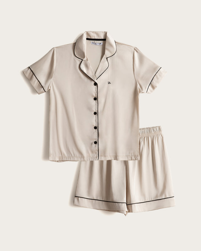Pijama Corto Mujer Botones - Satén - Beige