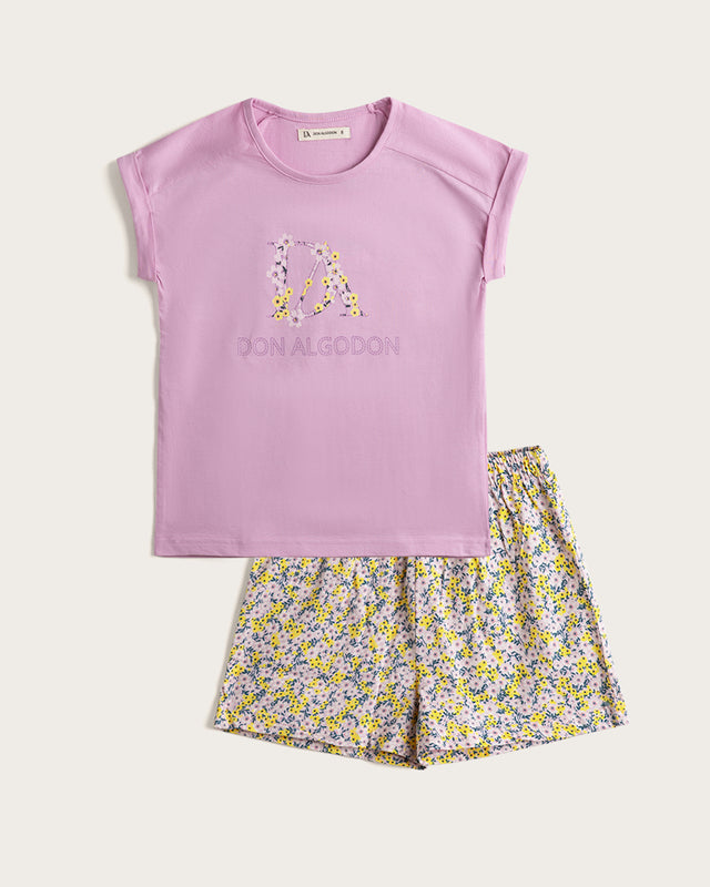 Pyjama court femme à fleurs - Coton - Rose