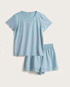 Pijama Corto Mujer Puntilla - Azul Bebé